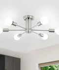 Dope Six Light Sputnik Style Ceiling Fixture in brushed nickel finish shown in modern kitchen setting, metal construction visible