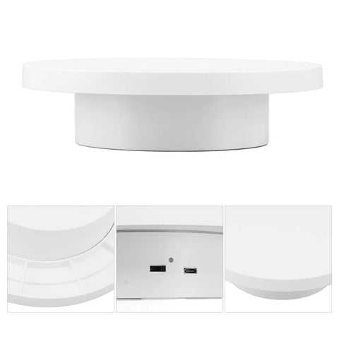 Heavy Duty Rotating Display Stand With White Plug In Remote Motorized Electric Turntable For 360 Degree Photography And Video Shoots featuring a smooth white surface and USB port.
