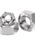 Pair of 304 stainless steel hex nuts with polished chrome finish and internal threads