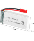 Close-up of 2 Pack 3.7V 1200mAh 25C LiPo Battery With USB Charger For HQ898B H11D H11C RC Quadcopter, JST plug, 57x29x10mm dimensions.