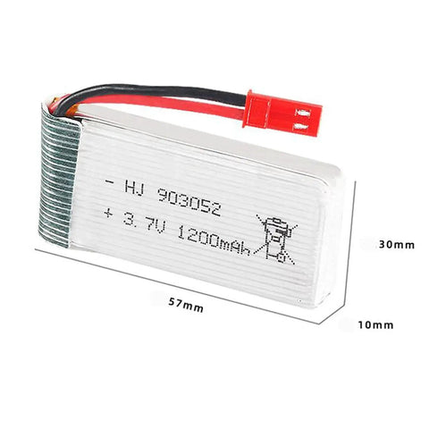 Close-up of 2 Pack 3.7V 1200mAh 25C LiPo Battery With USB Charger For HQ898B H11D H11C RC Quadcopter, JST plug, 57x29x10mm dimensions.
