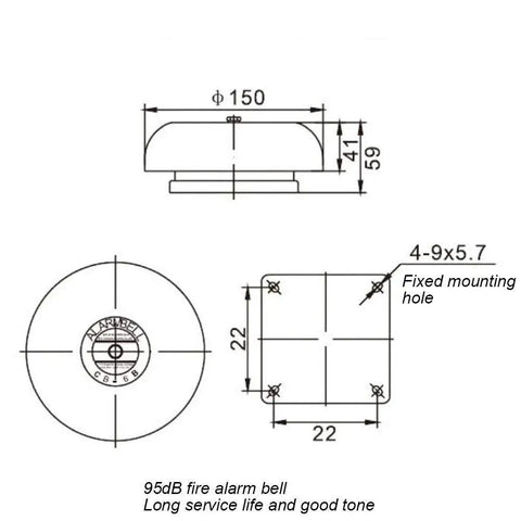 Technical diagram of Beefy 95dB Electric Fire Alarm Bell CB-6B Ringing Bell 150mm 5.9in with measurements