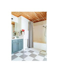 Bright bathroom with checkered floor coated using Two Step Home Floor Watercolor Coating Kit White With Easy Diy Application, Scratch And Stain Resistant, Walk On In One Day, No Stripping, Sanding Or Priming, Base Coat And Top Coat Included For A Fresh Look.