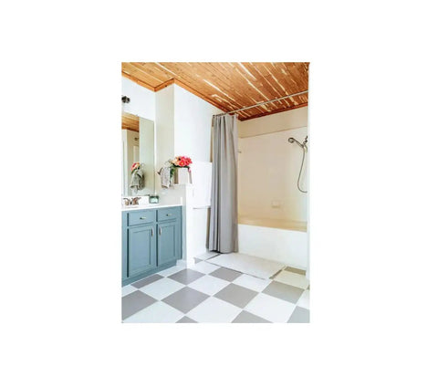 Bright bathroom with checkered floor coated using Two Step Home Floor Watercolor Coating Kit White With Easy Diy Application, Scratch And Stain Resistant, Walk On In One Day, No Stripping, Sanding Or Priming, Base Coat And Top Coat Included For A Fresh Look.