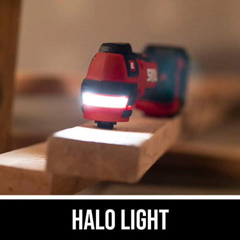 12V Brushless Oscillating Tool Kit with 40-Pc Accessory Set in use, featuring halo light illuminating work surface