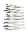 Pro Grade Anti Static Precision Tweezer Set With Replaceable Fiber Tips Stainless Steel ESD Tweezers For Electronics Jewelry Making Laboratory Or Hobby 8 Piece Kit in a horizontal layout showcasing each tweezer's design and tip.