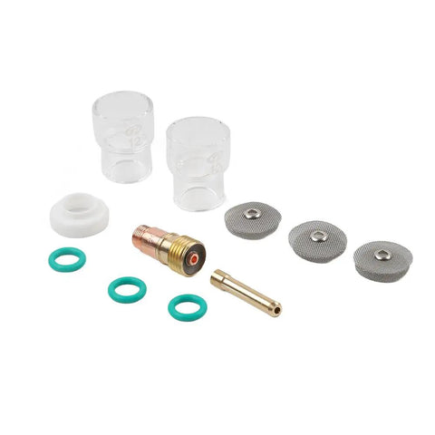Pro Grade Stubby Gas Lens TIG Glass Cup Kit with 11 pieces, including clear cups, collet bodies, and O rings for WP-17/18/26.