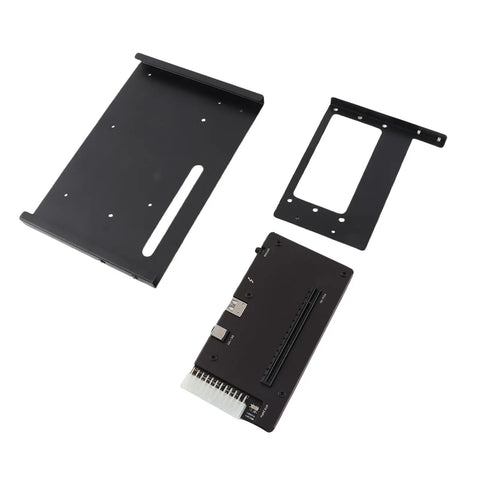 Thunderbolt 3 And 4 External GPU Dock Station With USB 4.0 PCIe 16X Slot ATX 24Pin Adapter components, black metal, mounting plates and connectors.