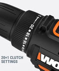 Close-up of 20V Max Three-Eighths Inch Drill Driver with 20+1 clutch setting, variable speed, and all metal gears, WX100L compatible.