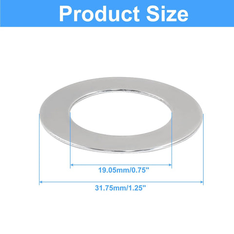 Metal thrust washer with chrome finish, outer diameter 31.75 mm (1.25 in), inner diameter 19.05 mm (0.75 in).