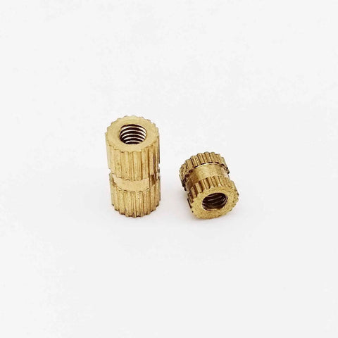 25 Pack Solid Brass Knurl Insert Nuts M2 M2.5 M3 Metric Threads Round Shape OD Options For Heavy Duty Projects And Tight Fits, two sizes shown.