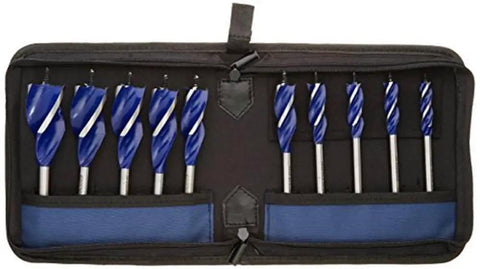 Speedbor Max Wood Drill Bits Set 6 Inch Length 10 Piece Self Feed With Three Cutting Spurs in a black and blue case