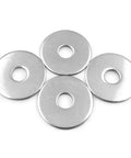 Five stainless steel flat washers, 1/4 in ID x 1/2 in OD, plain finish