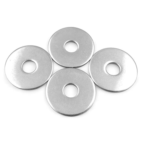 Five stainless steel flat washers, 1/4 in ID x 1/2 in OD, plain finish