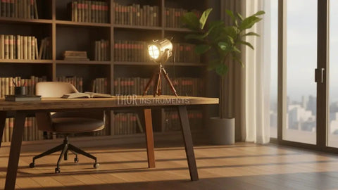 Dope Vintage Industrial Tripod Table Lamp With Teak Wood Base, Brown Brass Finish, And Rustic Gold Accent in home office.