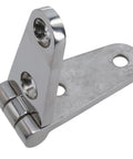 Close-up of stainless steel strap hinge for boats cabinets doors and decks 316 A4 corrosion resistant marine hardware