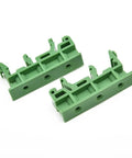Knockout Slick 35mm Din Rail Mount Adapter Kit For Circuit Boards Loaded With Five Green C45 Plastic Brackets, showcasing two green adapters.