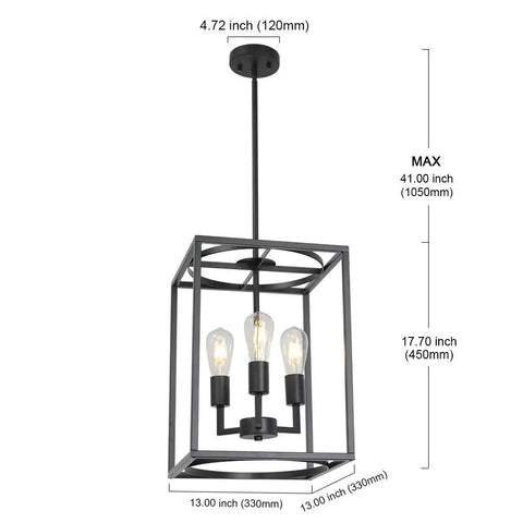 Rustic Hallway Cage Chandelier With 3 Lights Dope Vintage Industrial Farmhouse Square Pendant Ceiling Light in black