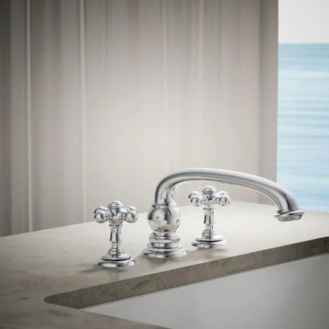 Artifacts Deck Mount Bath Faucet Handle Trim With Cross Design Polished Chrome Finish Dual Cross Lever Handles For Hot And Cold Water