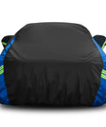 Black-blue Waterproof All Weather Car Cover For Sedans And Outdoor Use Heavy Duty Full Exterior Shield visible from front angle.