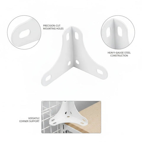 Heavy Duty White Steel Triangular Corner Bracket Delivers Badass Stability For Shelf Reinforcement with precision-cut holes.