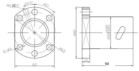 Technical drawing of Ball Screw Nut For SFU3205 And SFU3210 With 5 Or 10 Mm Pitch, 32 Mm Diameter, Right Or Left Hand Thread