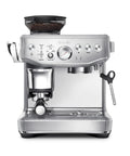 Front view of Barista Express Impress Espresso Machine With Impress Puck System And Smart Dosing For Home Third Wave Coffee Nerds Easy Manual Espresso Making Precise Temperature Control Brushed Stainless Steel