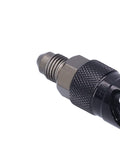 Close-up of Aluminum AN3 Quick Release Brake Line Fitting For Fast Connect, showing threaded end and black knurled grip.