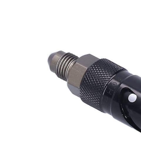 Close-up of Aluminum AN3 Quick Release Brake Line Fitting For Fast Connect, showing threaded end and black knurled grip.
