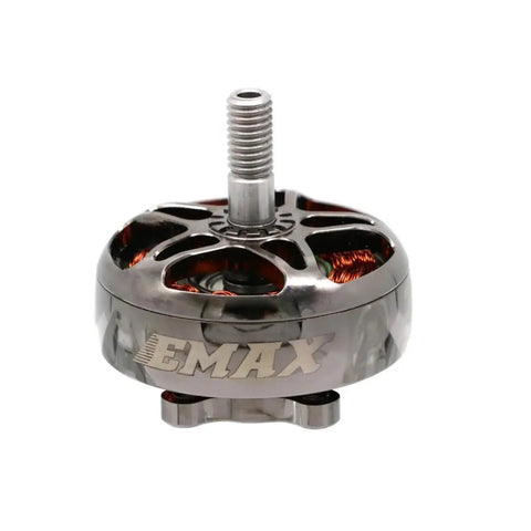 EMAX brushless motor for RC FPV racing, 2807 frame size, showcasing copper windings and aluminum housing.