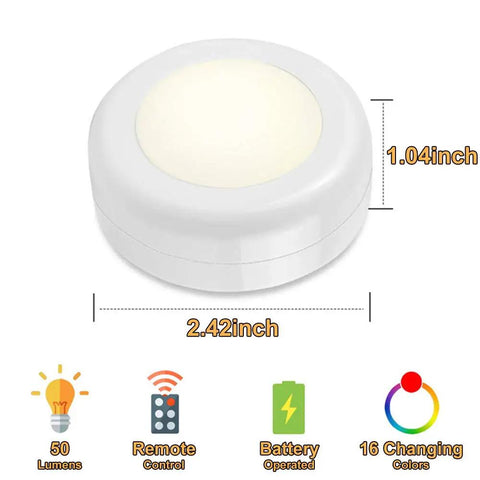 Wireless 16 Color Changing LED Puck Lights Kit 12 Pack Under Cabinet Closet Lighting With Remote Dimmer And Timing Battery Powered Night Lights showing dimensions and features.
