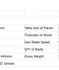 Technical specifications chart for Heavy Duty 1500W 220V Electric Benchtop Wood Thickness Planer And Jointer Combo.
