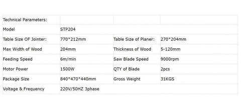 Technical specifications chart for Heavy Duty 1500W 220V Electric Benchtop Wood Thickness Planer And Jointer Combo.