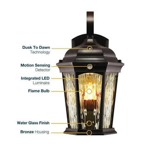 Flickering Flame Porch Light With Water Glass And Integrated Security Light, Dusk To Dawn Motion Sensor, 3000K Warm Glow, Lit Oil Rubbed Bronze Housing, Weatherproof Exterior Lamp For Home Walkways And Entry
