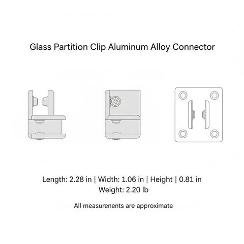 Beefy Aluminum Alloy Shelf Clip For Glass Partitions with dimensions and weight details, three angle views, silver finish