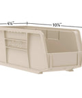 Heavy Duty Stackable Plastic Storage Bins Pack Of 12 In 11 Inch Long By 4 Inch Wide By 4 Inch High Holds Up To 20 Pounds Ideal For Garage Pantry Craft Room Organization Space Saving Bins, ivory bin with dimensions 10-7/8x4-1/8x4 inches.