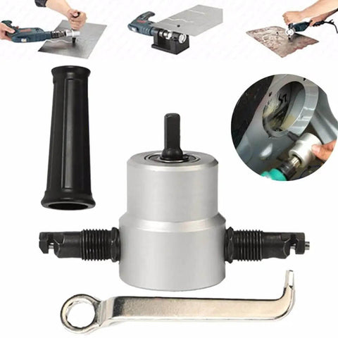 Double Head Sheet Metal Nibbler Cutter Drill Attachment with ergonomic handle and wrench, shown used for metal cutting