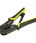 Ratcheting Go-To Modular Crimping And Wire Stripping Tool For RJ22 RJ11 RJ12 RJ45 Connectors with yellow and black grip.
