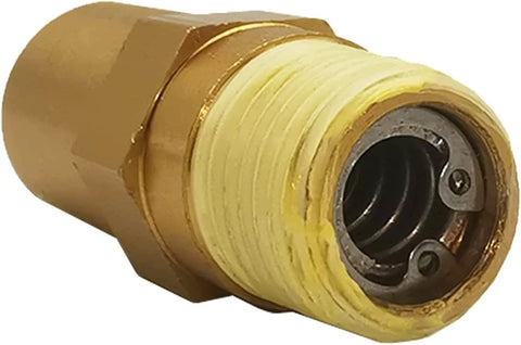 Close-up of brass Zeiboat thermal relief valve for gas-powered pressure washer pumps, 1/4 inch NPT.