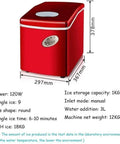 Rock Solid Countertop Ice Maker With Quick Freeze Cycle And No Sweat Self Clean Routine Heavy Duty Plastic Build with red design and dimensions.