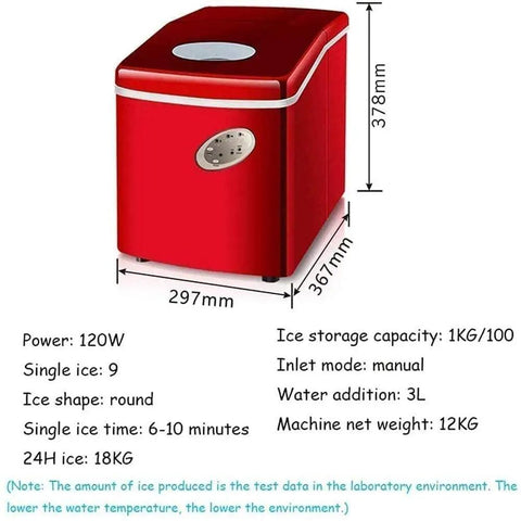 Rock Solid Countertop Ice Maker With Quick Freeze Cycle And No Sweat Self Clean Routine Heavy Duty Plastic Build with red design and dimensions.