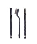 Three mini stainless steel wire brushes with curved handles, part of 30 Piece Mini Stainless Steel Wire Brush Set With Curved Handle Masonry Scrubbers For Welding Slag Rust Removal And Detail Cleaning In Tight Corners And Edges Durable Bristle Heads For Heavy Duty Deburring And Surface Prep.