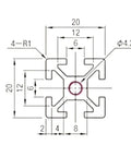 Detailed diagram of Rigid 2020 Aluminum Extrusion showing 6mm T slots dimensions for custom builds.