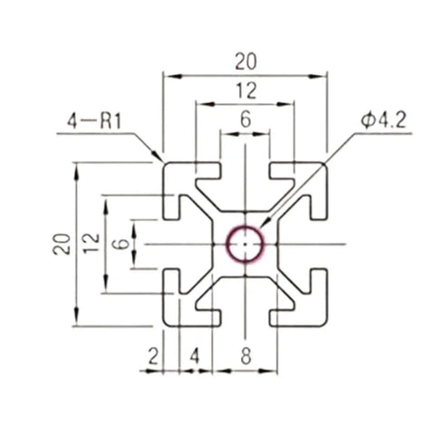 Detailed diagram of Rigid 2020 Aluminum Extrusion showing 6mm T slots dimensions for custom builds.