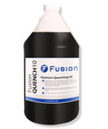 Gallons of quenching oil bottle labeled 'Fusion Quench10' for heat treating knife steel, keeps bright finish, enables deep hardening