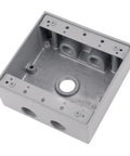 Rugged Die Cast Aluminum Weatherproof Enclosure Box, 2 Gang 5 Hole Layout With 3/4 Inch Hubs, showing internal structure and ports.