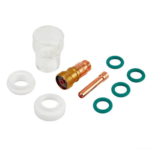 Stout 9-Piece TIG Welding Accessories Kit With #12 Glass Cup For WP-17 And WP-18 Torch Setup. Components include glass cup, collet, and insulators.