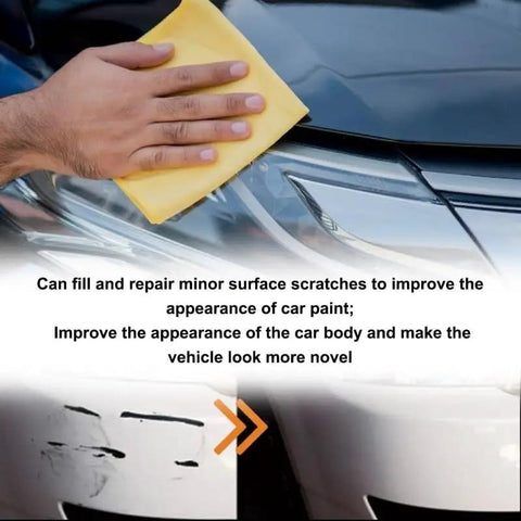 User applying Complete Car Scratch Remover Kit And Auto Paint Restoration Compound For Quick Surface Scratch Fix And Swirl Mark Repair On Any Vehicle With No Sweat Application on a car.