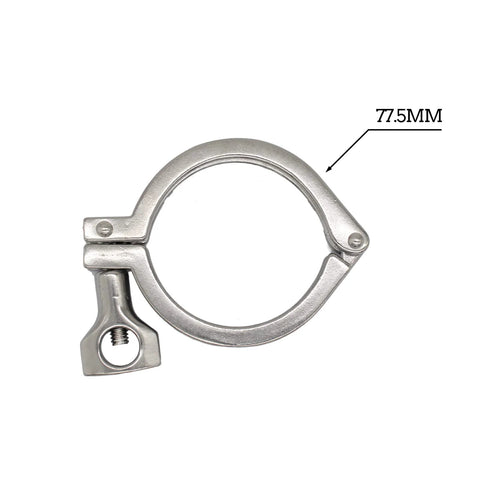 Front view: stainless steel 2.5-inch sanitary tri-clamp with wing nut, single pin, 77.5mm flange