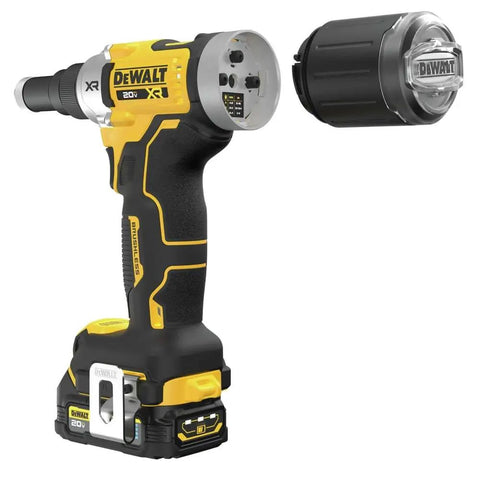 Rugged Brushless Cordless Rivet for No Sweat Stainless Steel Fastening, compact design with detachable nose piece.